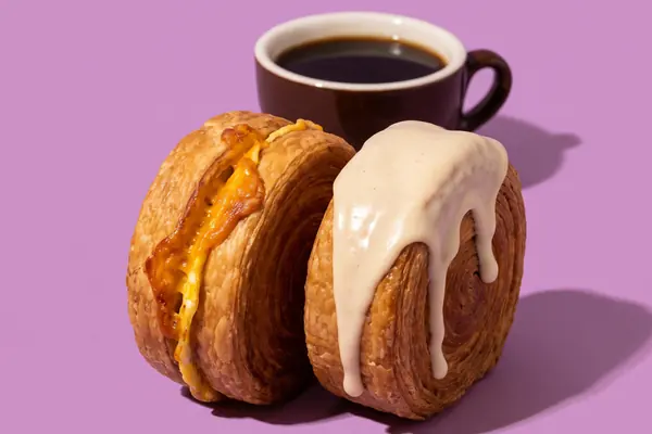 Ein herzhafter und ein süßer New York Roll neben einer Tasse Kaffee