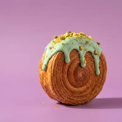 Pistachio Perfection — New York Roll mit Pistaziencreme und gehackten Pistazien, auf der Kante stehend